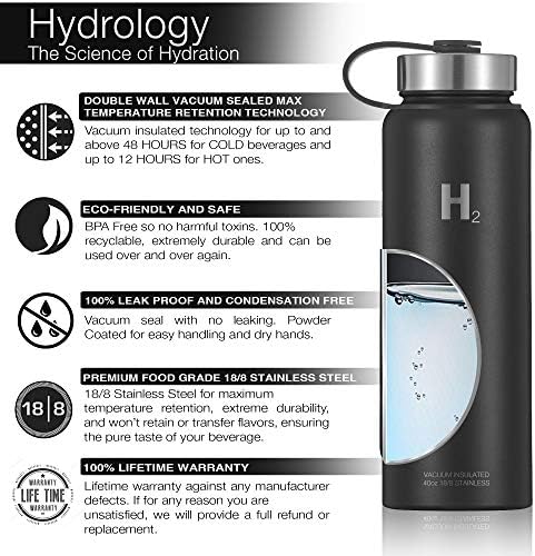 H2 הידרולוגיה בקבוק מים ספורט 3 מכסים | קיר כפול ואקום מבודד נירוסטה פה רחב | ספורט חם וקור הוכחת דליפה